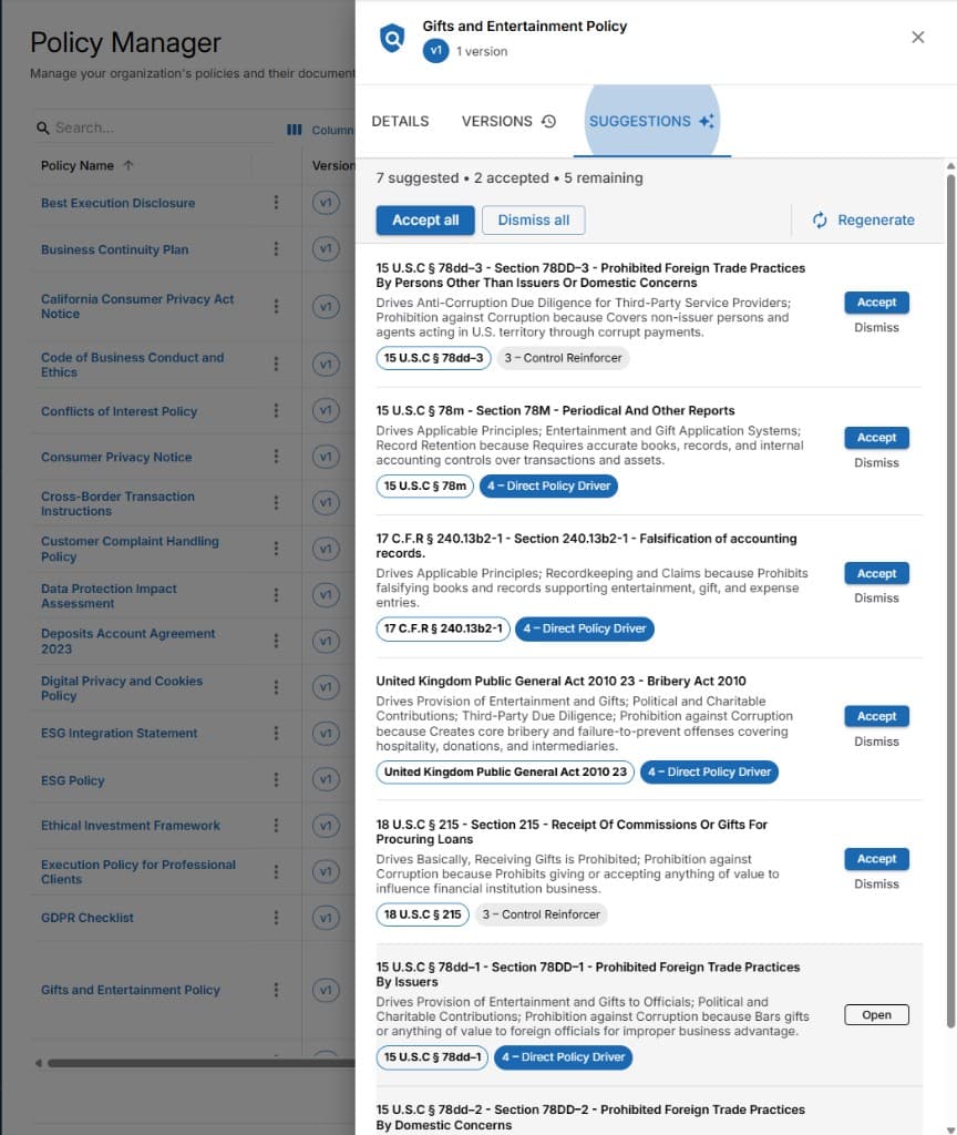 The Policy Manager library with a policy's suggestions panel open, showing a ranked list of obligations, each citing a specific rule, a rationale, and a relevance score, with Accept and Dismiss controls.